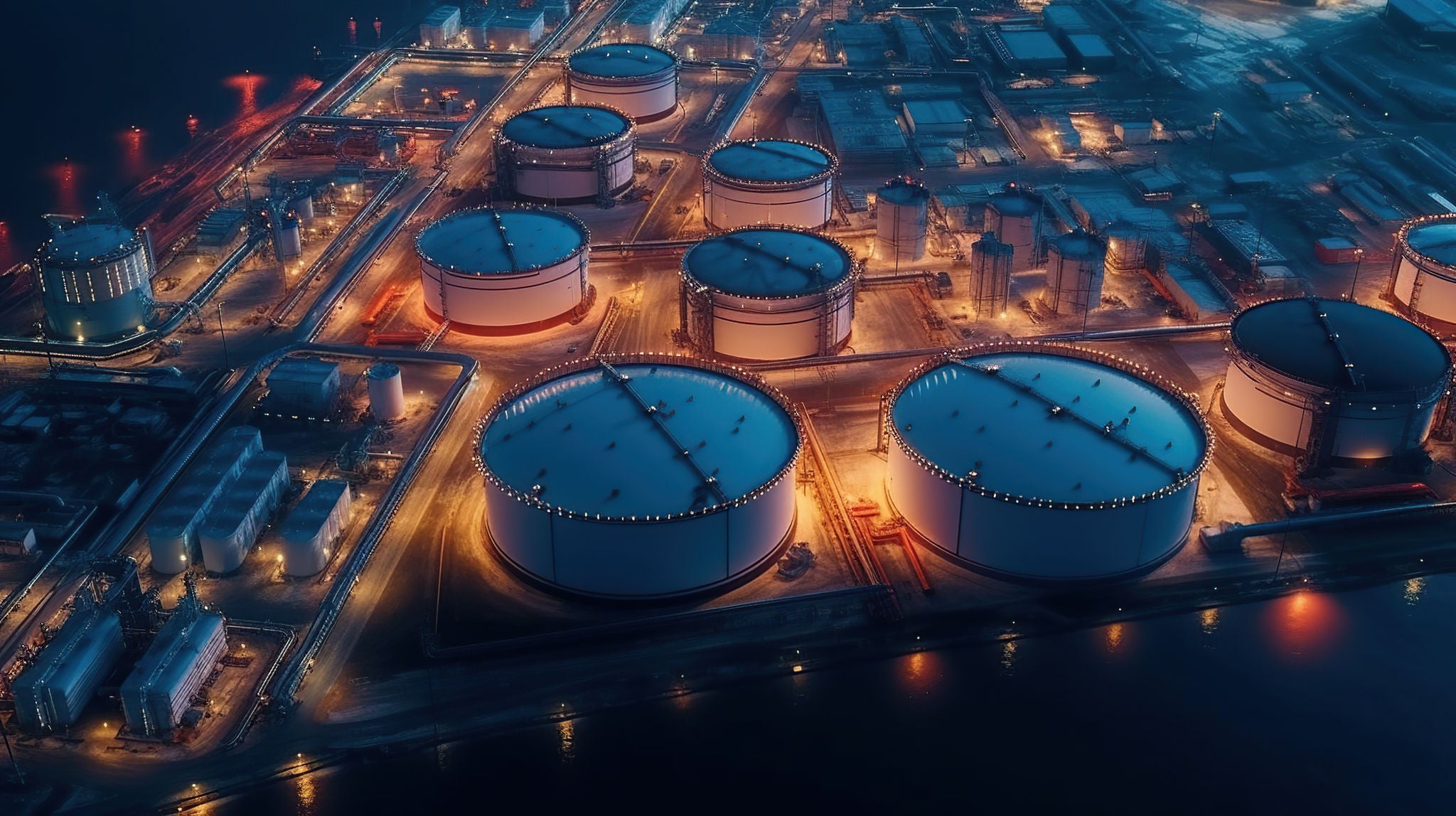 A bird's-eye view of an oil and gas terminal's storage tank farm. 